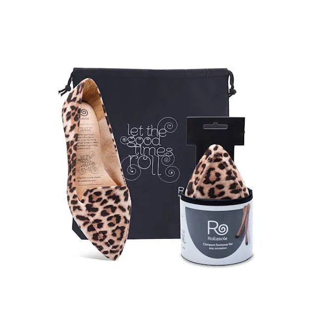 [Sizes L/XL Remaining] Rollasole Into the Wild Leopard Print Pointed Travel Flats - Foldable Comfort Shoes