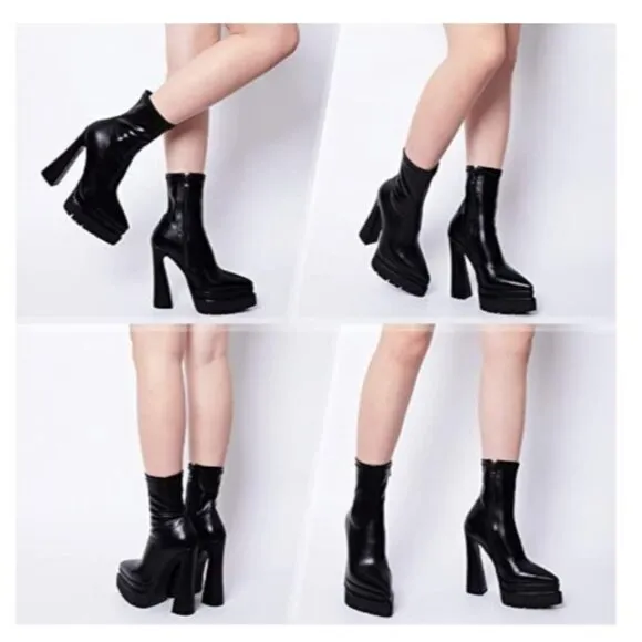 SNOM Black Platform Chunky Heel Ankle Boots Side Zippers Platform Sole Size 10