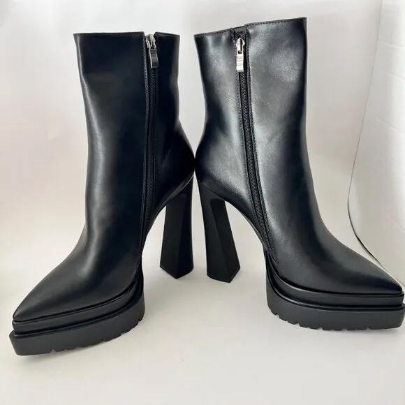 SNOM Black Platform Chunky Heel Ankle Boots Side Zippers Platform Sole Size 10