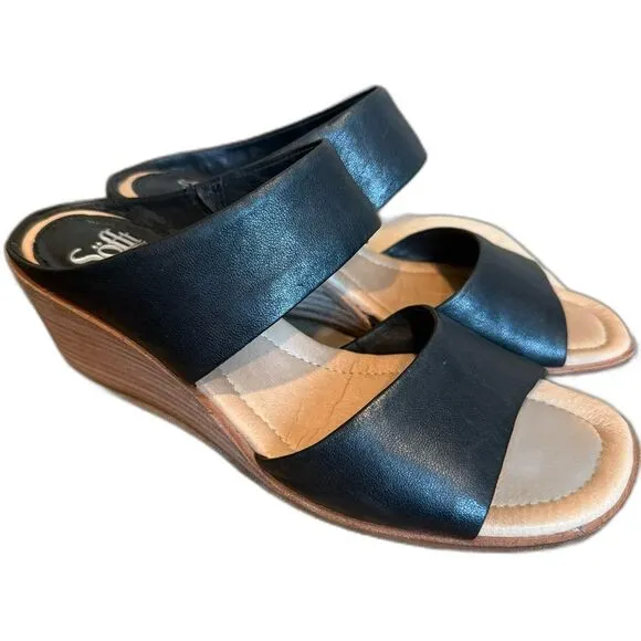 Sofft Ginetta Black Leather Wedge Heel Sandals Size 9