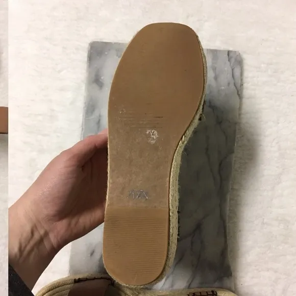 Sol Sana Espadrilles Platforms Sandals Ankle Strap Buckle Faux Leather Tan 7.5
