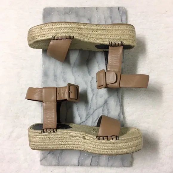 Sol Sana Espadrilles Platforms Sandals Ankle Strap Buckle Faux Leather Tan 7.5