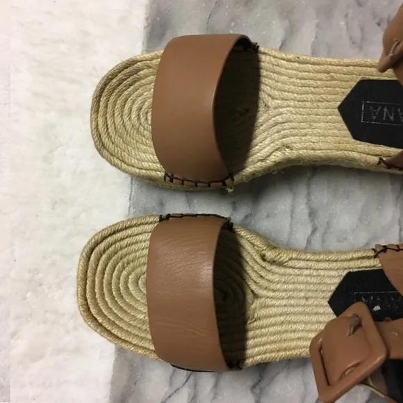 Sol Sana Espadrilles Platforms Sandals Ankle Strap Buckle Faux Leather Tan 7.5
