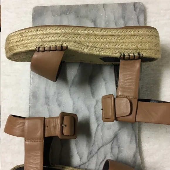 Sol Sana Espadrilles Platforms Sandals Ankle Strap Buckle Faux Leather Tan 7.5