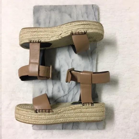 Sol Sana Espadrilles Platforms Sandals Ankle Strap Buckle Faux Leather Tan 7.5