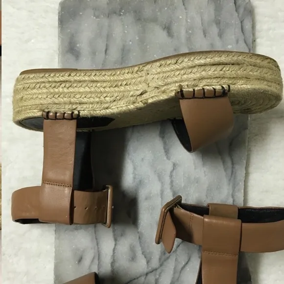Sol Sana Espadrilles Platforms Sandals Ankle Strap Buckle Faux Leather Tan 7.5