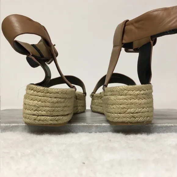 Sol Sana Espadrilles Platforms Sandals Ankle Strap Buckle Faux Leather Tan 7.5