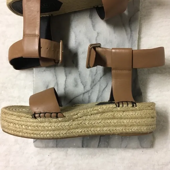 Sol Sana Espadrilles Platforms Sandals Ankle Strap Buckle Faux Leather Tan 7.5