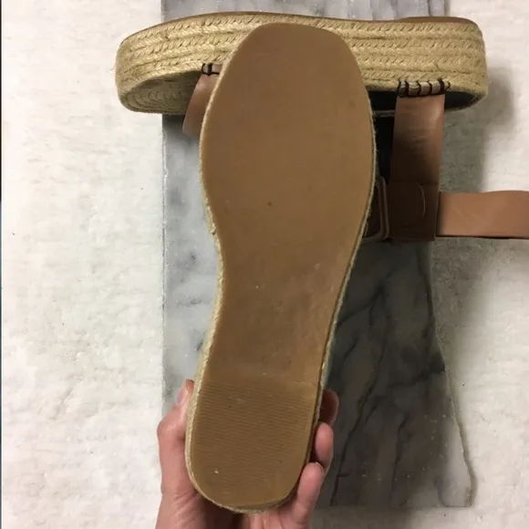 Sol Sana Espadrilles Platforms Sandals Ankle Strap Buckle Faux Leather Tan 7.5