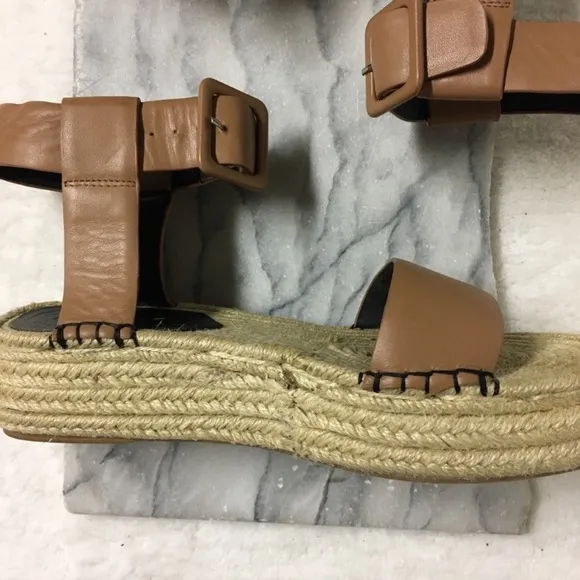 Sol Sana Espadrilles Platforms Sandals Ankle Strap Buckle Faux Leather Tan 7.5