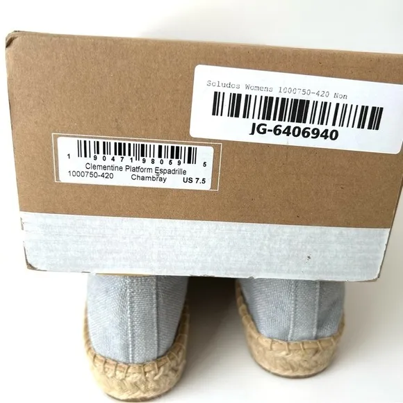 Soludos Clementine Platform Espadrille Chambray Flats Size 7.5 New in Box