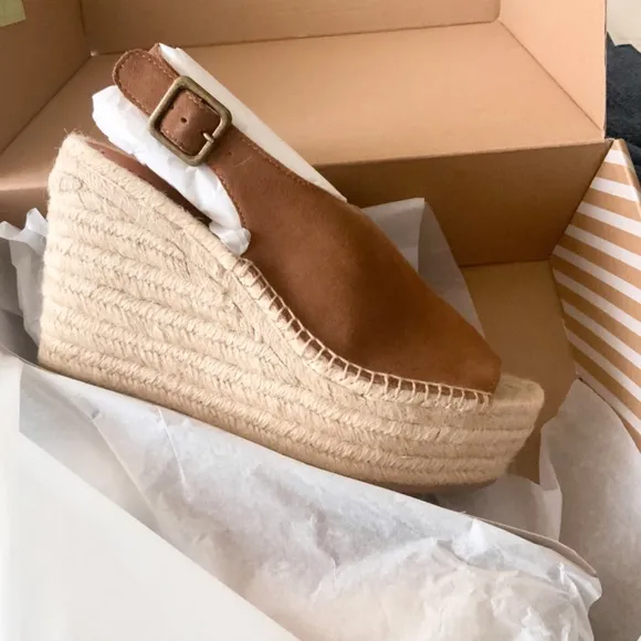 Soludos Sevilla Walnut Tan Suede Espadrille Platform Wedge Slingback Sandals 9.5