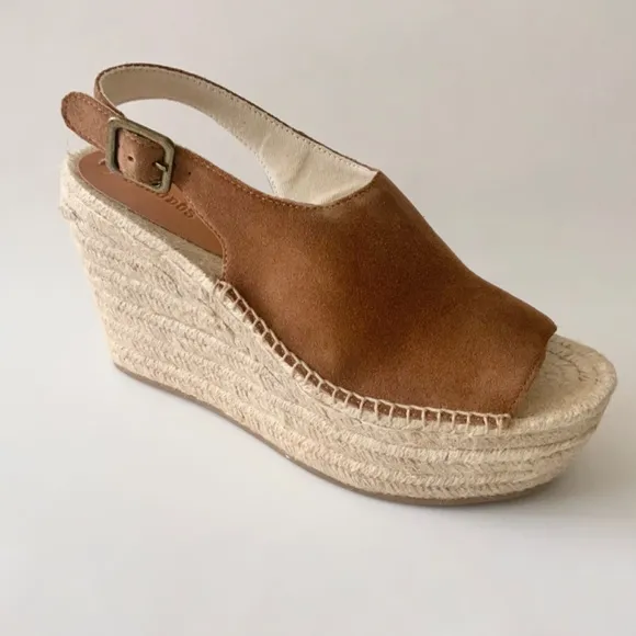 Soludos Sevilla Walnut Tan Suede Espadrille Platform Wedge Slingback Sandals 9.5