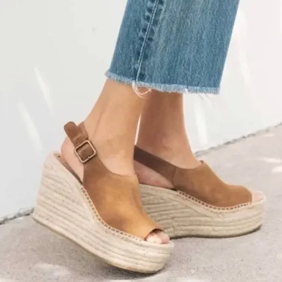Soludos Sevilla Walnut Tan Suede Espadrille Platform Wedge Slingback Sandals 9.5
