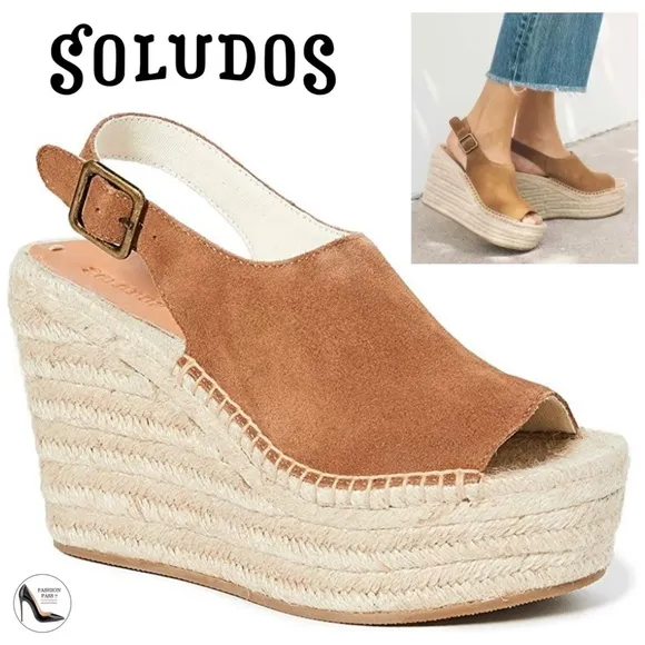 Soludos Sevilla Walnut Tan Suede Espadrille Platform Wedge Slingback Sandals 9.5