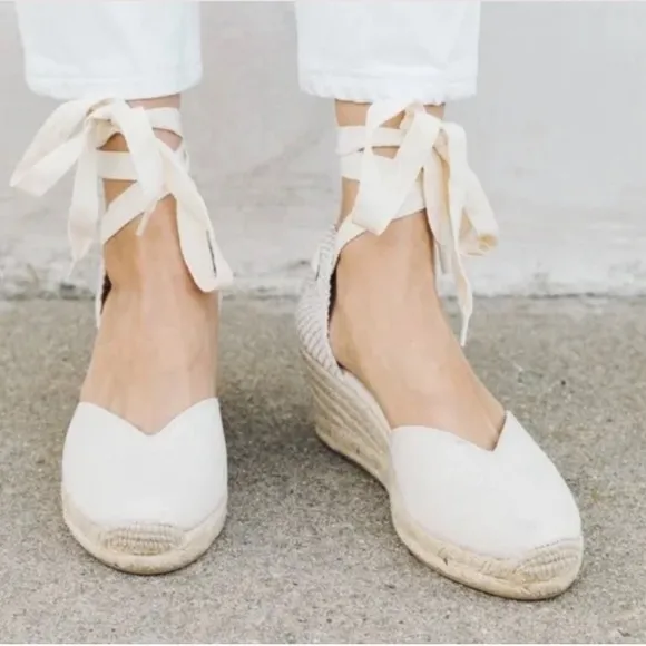 Soludos Women's Lyon Wedge Espadrilles Ivory Closed-Toed Lace up Heel Travel NEW