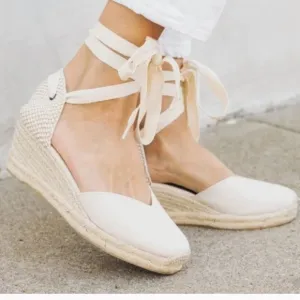 Soludos Women's Lyon Wedge Espadrilles Ivory Closed-Toed Lace up Heel Travel NEW