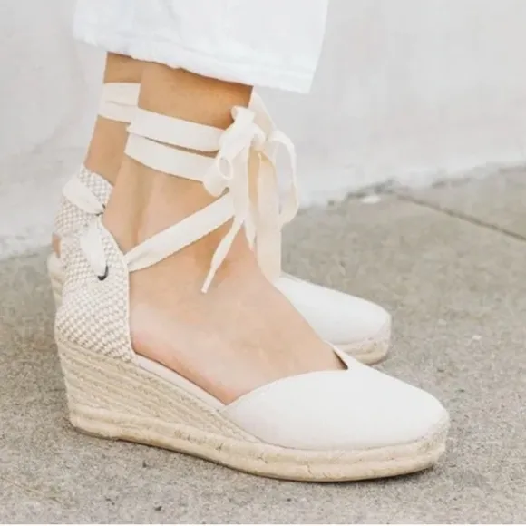 Soludos Women's Lyon Wedge Espadrilles Ivory Closed-Toed Lace up Heel Travel NEW