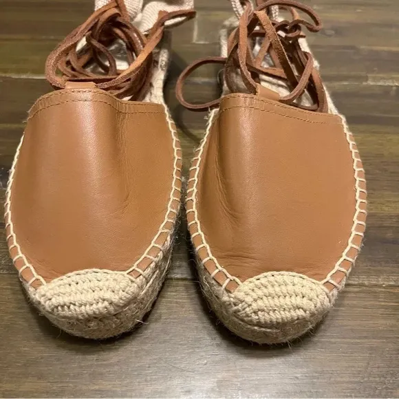 Soludos Wrap Lace - Up Platform Espadrilles Tan Camel Ankle Tie