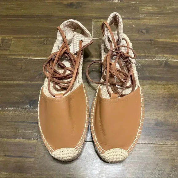 Soludos Wrap Lace - Up Platform Espadrilles Tan Camel Ankle Tie