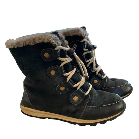 SOREL Boots Girl Size 3 Whitney Lace-Up Mid Calf Black Suede Winter Snow