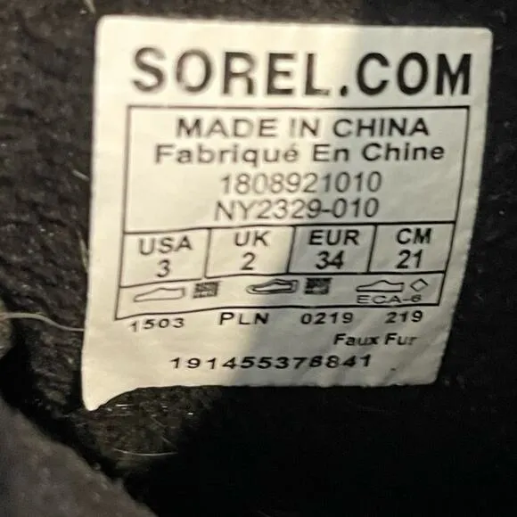 SOREL Boots Girl Size 3 Whitney Lace-Up Mid Calf Black Suede Winter Snow
