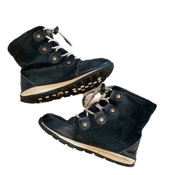 SOREL Boots Girl Size 3 Whitney Lace-Up Mid Calf Black Suede Winter Snow