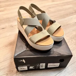 Sorel Cameron Flatform Slingback Sandals Size 8.5 Safari Sea Salt Strappy Green