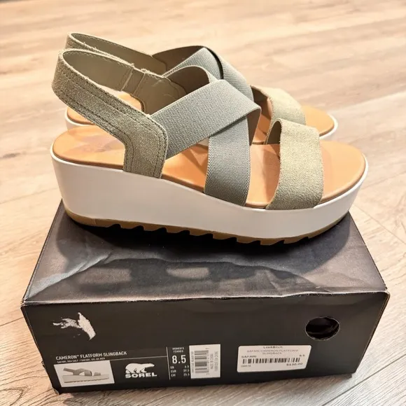 Sorel Cameron Flatform Slingback Sandals Size 8.5 Safari Sea Salt Strappy Green