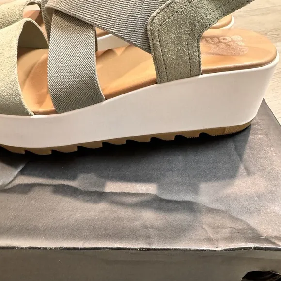 Sorel Cameron Flatform Slingback Sandals Size 8.5 Safari Sea Salt Strappy Green