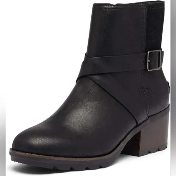 Sorel Cate Waterproof Ankle Booties Women's 9.5 Black Leather Chunky Lug