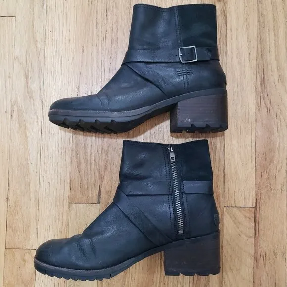 Sorel Cate Waterproof Ankle Booties Women's 9.5 Black Leather Chunky Lug