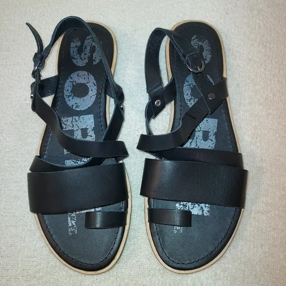 Sorel Ella Black Leather Criss Cross Strappy Sandals size 8