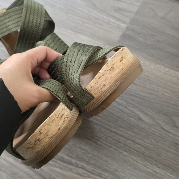 Sorel Joanie II Strap Leather Open Toe Wedge Sandals, Brown &amp; Olive Green