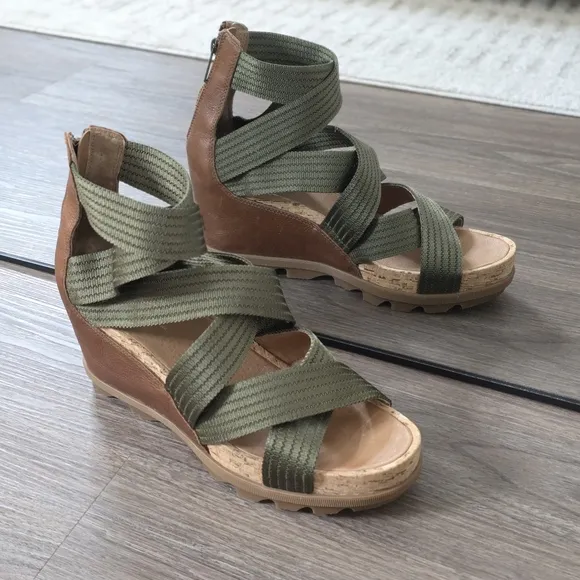 Sorel Joanie II Strap Leather Open Toe Wedge Sandals, Brown &amp; Olive Green