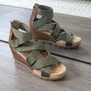 Sorel Joanie II Strap Leather Open Toe Wedge Sandals, Brown &amp; Olive Green