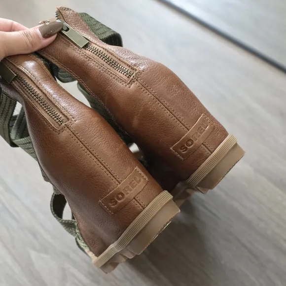 Sorel Joanie II Strap Leather Open Toe Wedge Sandals, Brown &amp; Olive Green