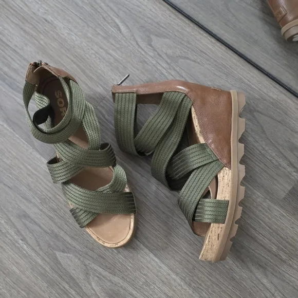 Sorel Joanie II Strap Leather Open Toe Wedge Sandals, Brown &amp; Olive Green
