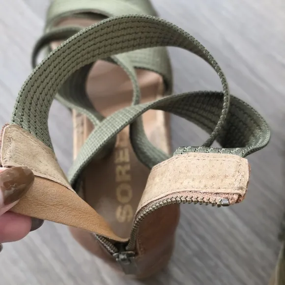 Sorel Joanie II Strap Leather Open Toe Wedge Sandals, Brown &amp; Olive Green