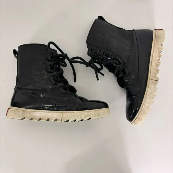 Sorel Patent Leather &amp; Leather Lace Up Fur Lined Winter Boots