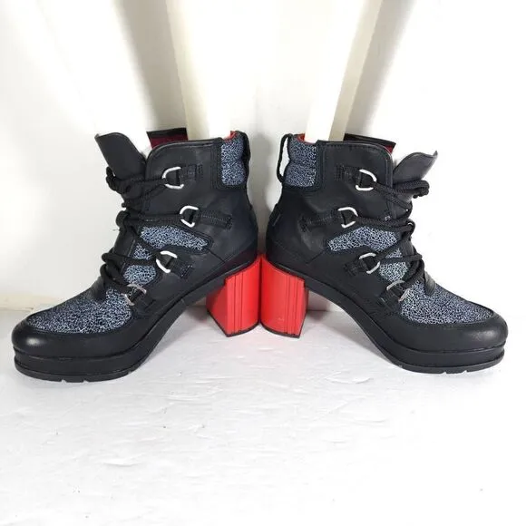 Sorel Women's Blake Shatter US 8,5 Black Red Leather Laceup Chunky Heels Boots