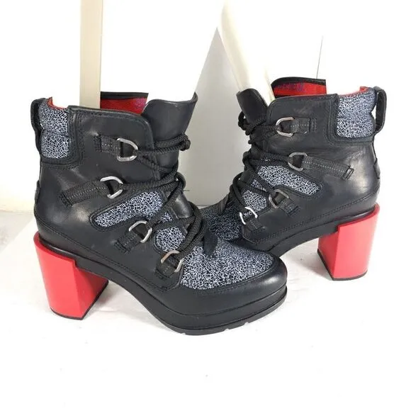 Sorel Women's Blake Shatter US 8,5 Black Red Leather Laceup Chunky Heels Boots