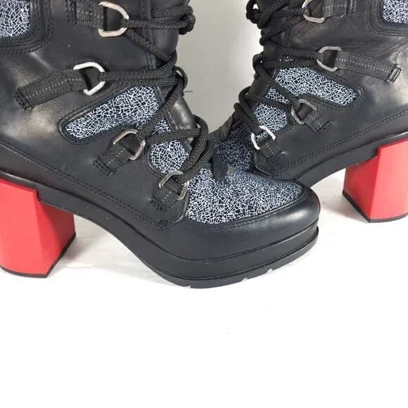 Sorel Women's Blake Shatter US 8,5 Black Red Leather Laceup Chunky Heels Boots