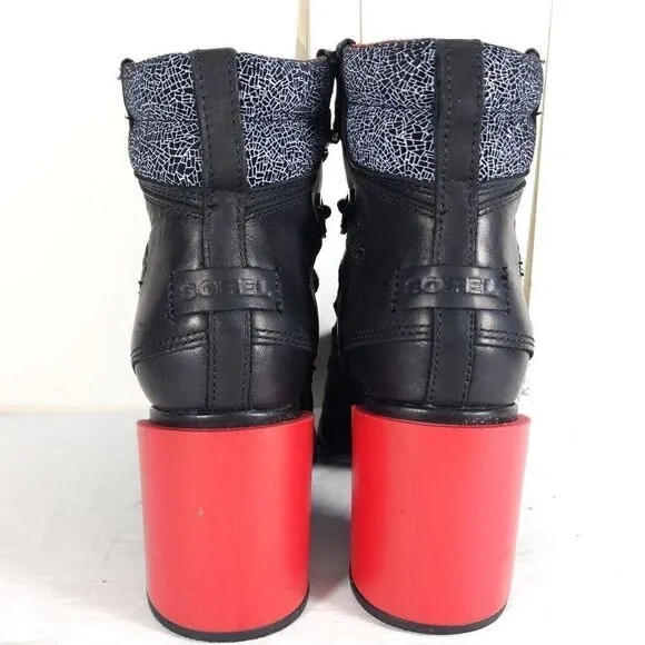Sorel Women's Blake Shatter US 8,5 Black Red Leather Laceup Chunky Heels Boots