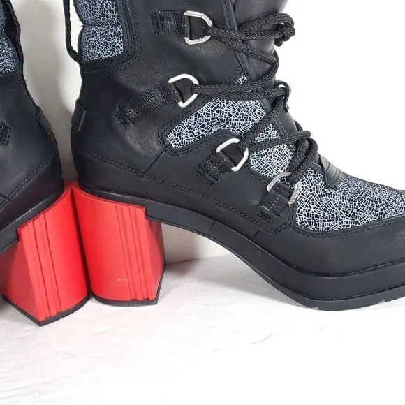 Sorel Women's Blake Shatter US 8,5 Black Red Leather Laceup Chunky Heels Boots