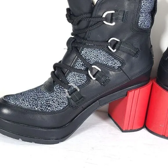Sorel Women's Blake Shatter US 8,5 Black Red Leather Laceup Chunky Heels Boots