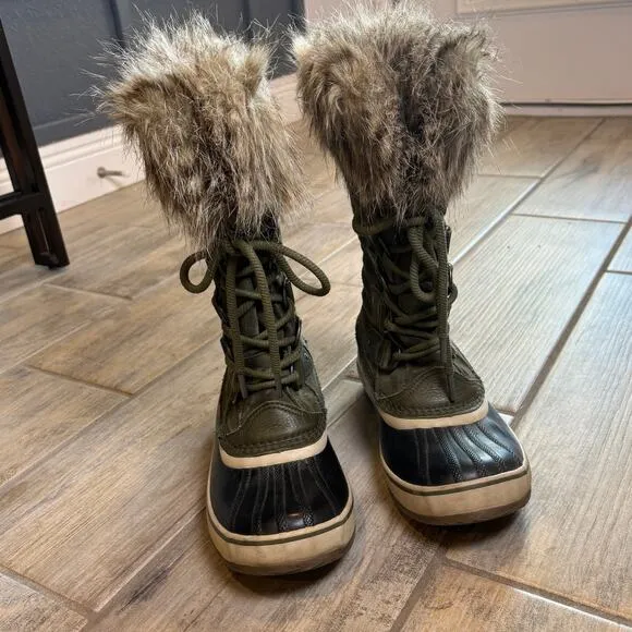 SOREL Womens Joan of Arc Leather Rubber Faux Fur Olive Waterproof Boots 7