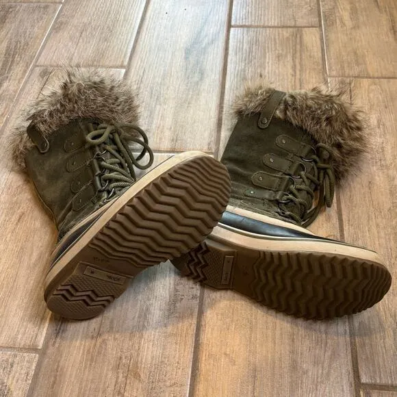 SOREL Womens Joan of Arc Leather Rubber Faux Fur Olive Waterproof Boots 7