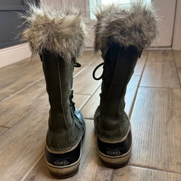 SOREL Womens Joan of Arc Leather Rubber Faux Fur Olive Waterproof Boots 7