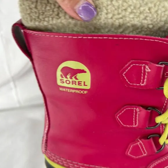 SOREL Yoot Pac Youth Pink Waterproof Snow Boots Faux Fur Size 6 Mid-Calf